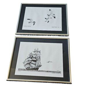 Gaylord Stevens Nautical Pen & Ink Prints Framed Art Seagull Ship Set 1975 1976